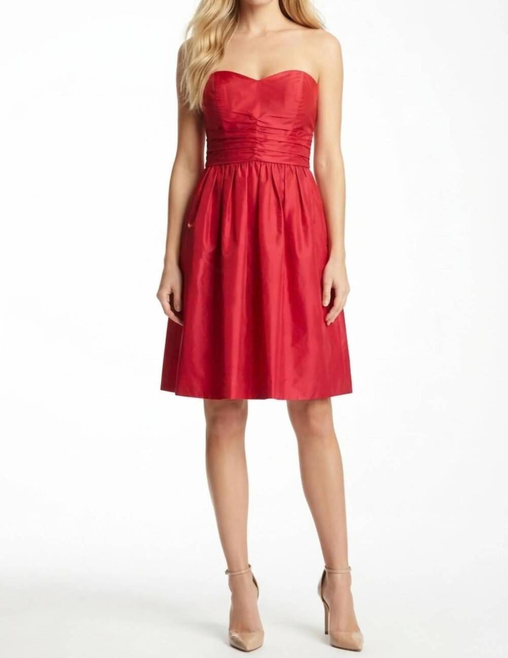NEW JESSICA SIMPSON strapless ruched taffeta fit-and-flare dress in rose red